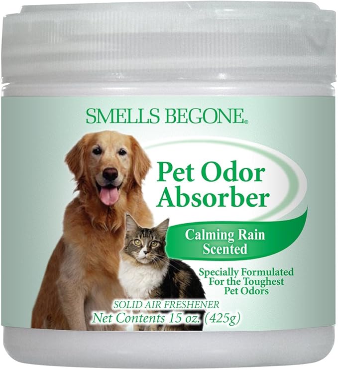 SMELLS BEGONE 15oz Gel Odor Eliminator - Absorb & Remove Tough Odors in Pet Areas, Bathrooms, Basements, Garage, Cars, RVs & Boats - Eliminate Odors Quickly (1-Pack, Pet Calming Rain)