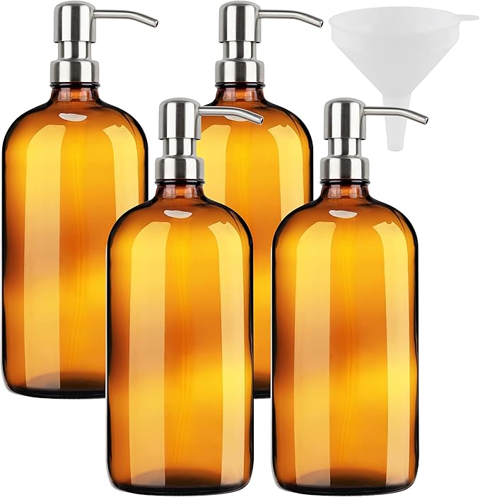 Kitchentoolz Large Pump Bottle - 32 Ounce Shampoo and Soap Dispenser - Amber
