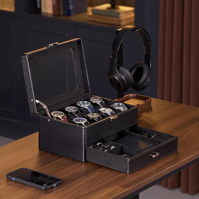 ProCase Watch Box for Men, Jewelry Organizer Box with Drawer, Display Storage Case with Glass Lid -AllBlack, 8 Slot