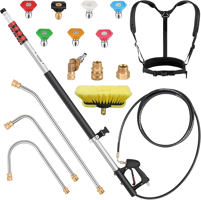 24 FT Telescoping Pressure Washer Wand - Gutter Cleaner Attachment with Power Washer Extension Wands, 7 Spray Nozzle Tips, 3 Hose Adapters, Brush and Support Belt