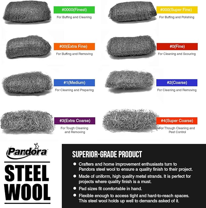 Pandora Steel Wool #000 - Grade, 240 Pads for Buffing and Cleaning - Metal Strands - Ideal for Wax and Polish Removal