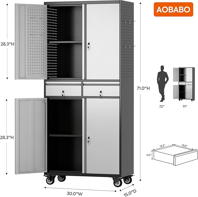 Aobabo Metal Storage Cabinet with Wheels, Garage Storage Cabinet with 2 Drawers and 2 Adjustable Shelves for Garage, Kitchen, Office, Assembly Required, Black Grey