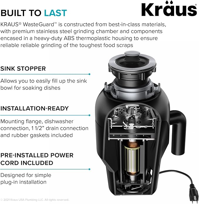 KRAUS Premier 31 1/2-inch Undermount Single Bowl 18-Gauge Stainless Steel Kitchen Sink with WasteGuard Continuous Feed Garbage Disposal, KBU14-100-75MB