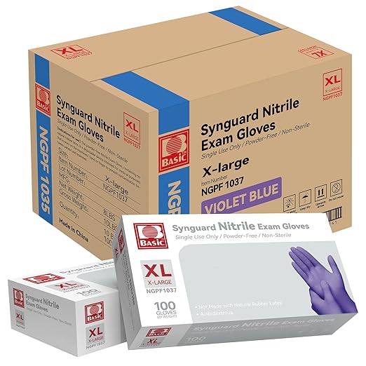 Basic Nitrile Exam Gloves, Medical Violet Blue Gloves Disposable Latex Free Powder-Free For Exam, Food Prep, Cleaning, X-Large Case Of 1000, XL, NGPF1037
