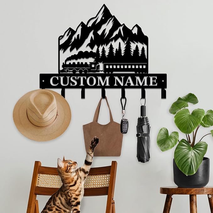 Personalized Train Metal Keys Hooks,Custom Name Metal Train Keys Hooks,Black Metal Train Wall Home Storage Decorative Keys Hooks,Key Holder Hooks for Wall (Style C)