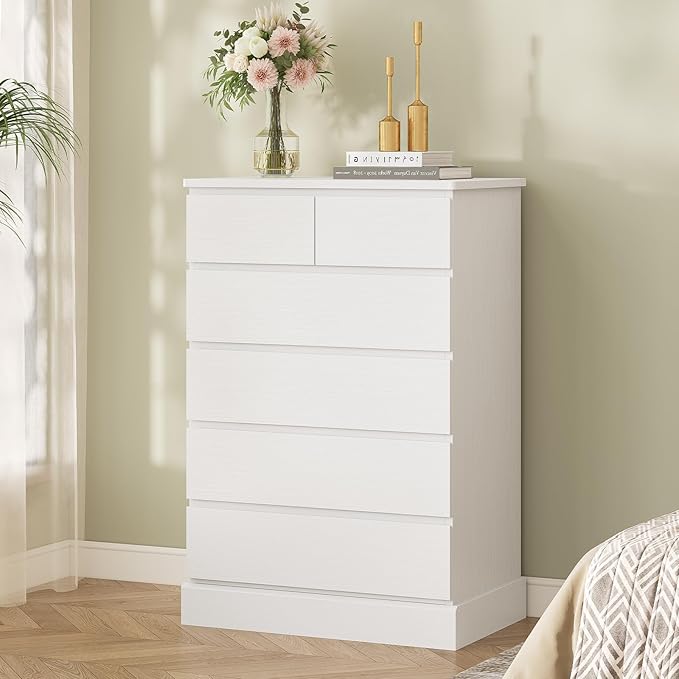Hasuit 6 Drawer Dresser for Bedroom, Tall Chest of Drawers Storage Organizer for Closet, Modern Clothes Storage Tower with Ample Storage Space, White