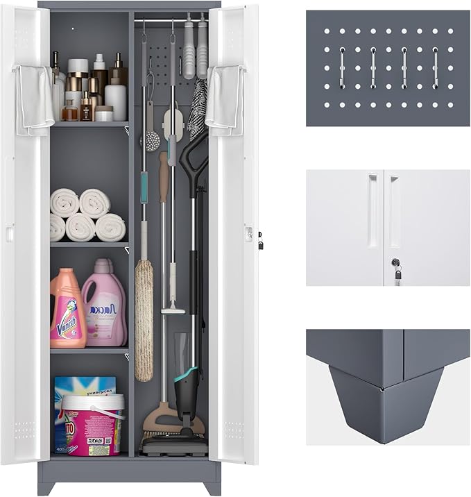 65" H Broom Closet Storage Cabinet, Garage Storage Cabinet with Adjust Shelves,Utility Cabinet,Utility Closet for Garage,Gray-White