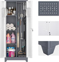 65" H Broom Closet Storage Cabinet, Garage Storage Cabinet with Adjust Shelves,Utility Cabinet,Utility Closet for Garage,Gray-White