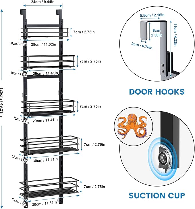 Purdaz Adjustable 5-Tier Over the Door Pantry Organizer, Spice Rack, Narrow Hanging Shelf for Kitchen Storage and Organization