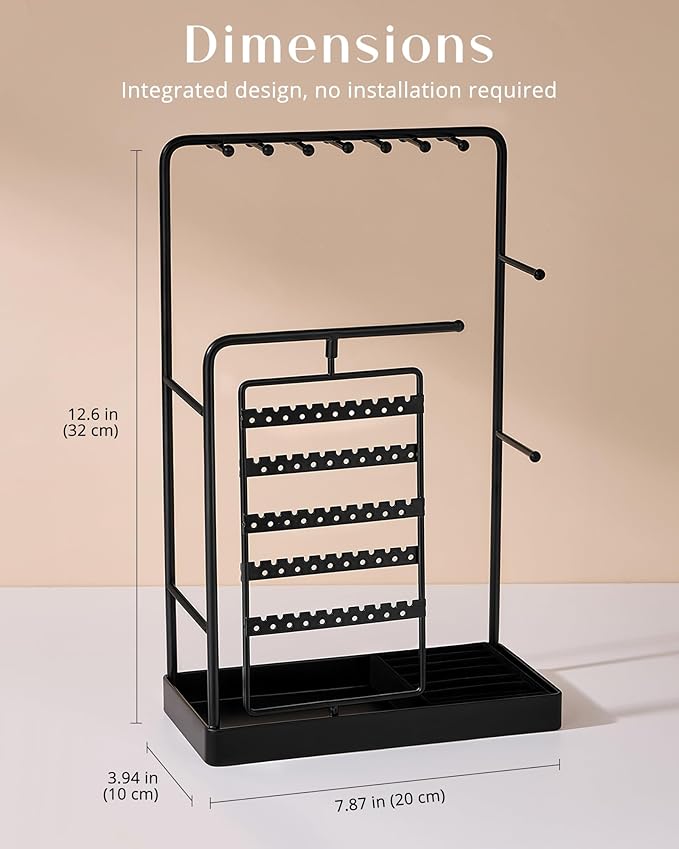 ProCase Jewelry Stand Holder Organizer, Jewelry Display Storage with Ring Tray, No-Assembly Needed, Rotating Earring Bracelet Necklace Holder, Christmas Gifts Room Dorm Decor for Teen Girls -Black