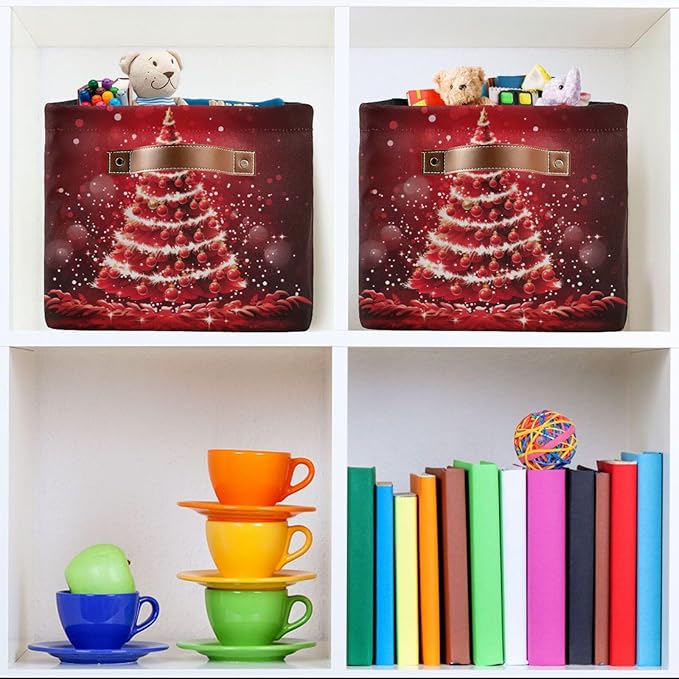 ALAZA Beautiful Christmas Tree Ball Red Foldable Storage Box Storage Basket Organizer Bins with Handles for Shelf Closet Living Room Bedroom Home Office 1 Pack