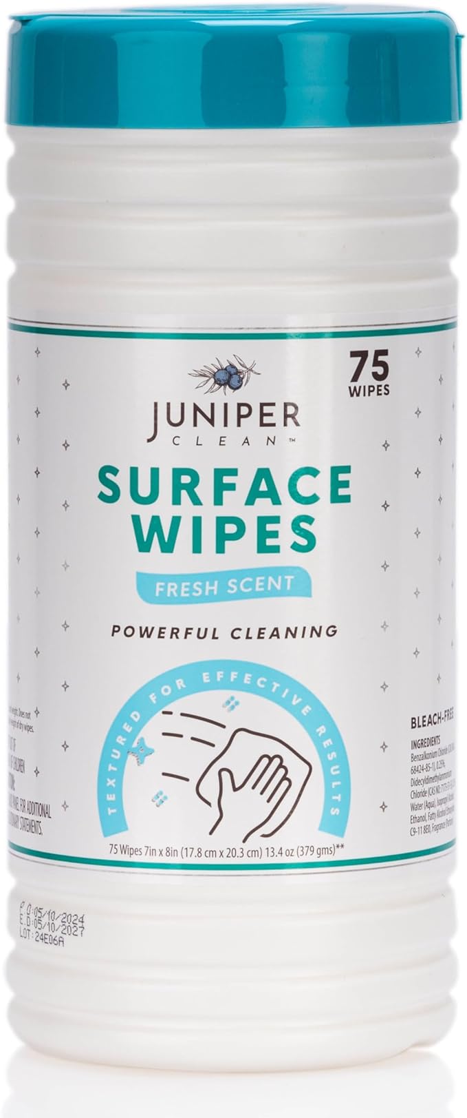 Juniper CLEAN 1 Pack Surface Cleaning Wipes Bleach Free, All-Purpose Cleaner for Bathroom, Kitchen, Office, 75 Count Canister, 7.5" x 7" Sheet, Fresh Scent, Lint Free & Durable