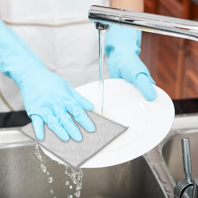 Reuseable Cleaning Cloth,Soft Wire Dishwashing Rags ,Double layer multi-purpose anti-scratch steel wire multi-purpose cleaning cloth,Suitable for tableware, metal,kitchen,home,office (10-Silver)