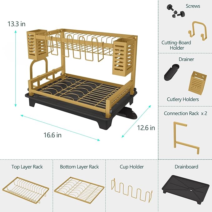 B-Land Dish Drying Rack, 2 Tier Dish Racks for Kitchen Counter, Large Dish Drying Rack with Drainboard & Utensil Holders, Rust-Proof Dish Drainers,Kitchen Organization Gold