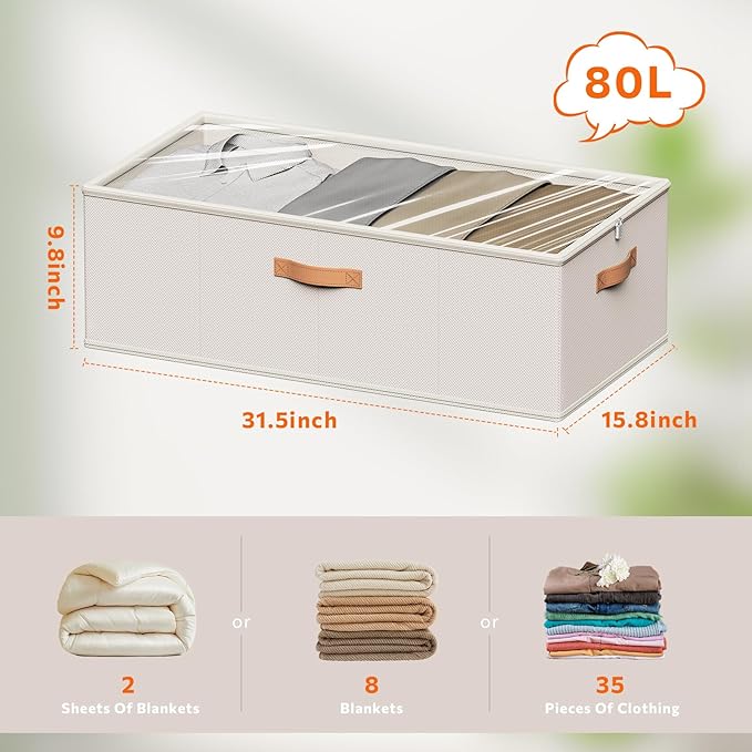 Chizjox 10inch 3 Pack Under Bed Storage Containers, 10 Inch Tall Underbed Clothes Storage Organizer Bin with Clear Window，Foldable Box Basket for Clothes, Closet, Bed Sheets and Blankets White