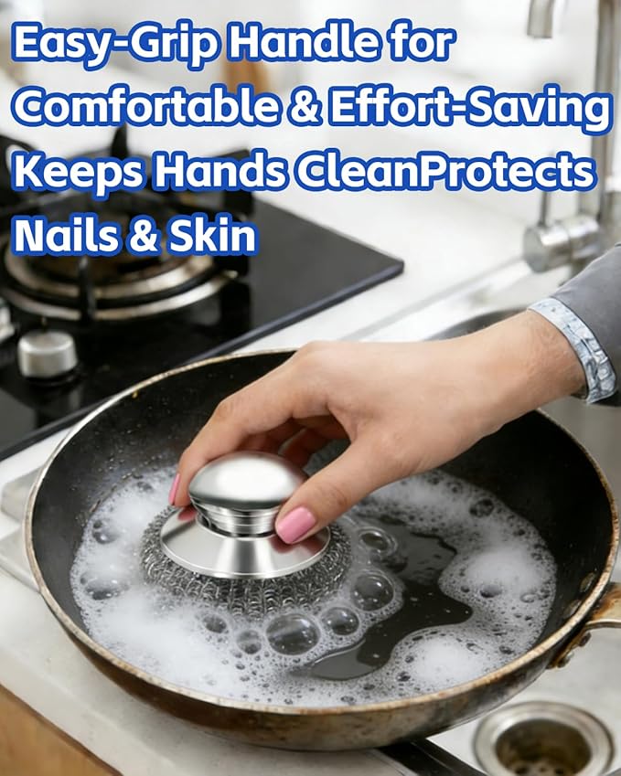 2 Pack Stainless Steel Wool Scrubber with Handle, 4 Replacement Steel Scrubber Wool Pads, Scrubbing Scouring Brush Pads for Cleaning Dishes, Stoves, Kitchen Pots, Pans