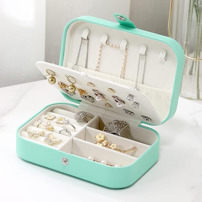 CASEGRACE Small Jewelry Box For Women Travel Jewelry Organizer Double Layer for Necklace Earring Rings Jewelry Holder Case