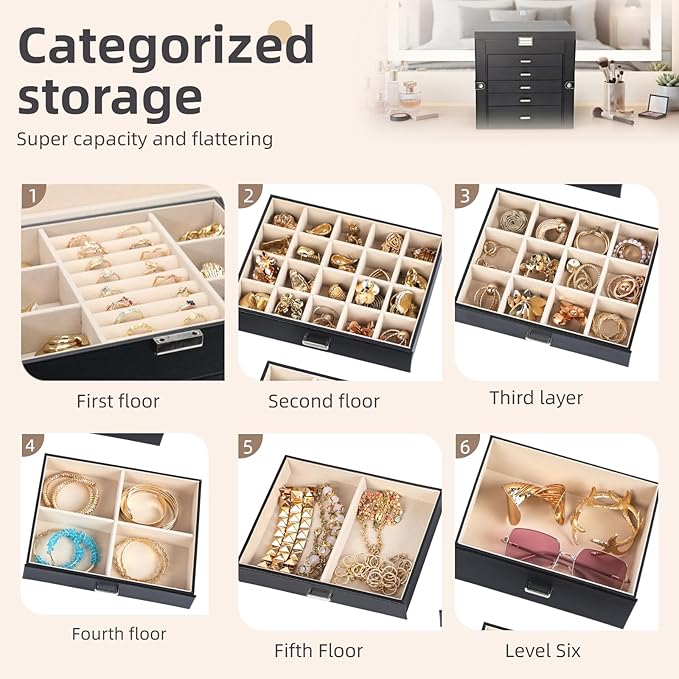 BOOVO Jewelry Box For women, 6 Layer Large Jewelry Organizer With Mirror, Multi-Function Storage Box With Lock, Necklace Holder With 5 Drawers, For Earrings Necklace Bracelet (Silver and Black)