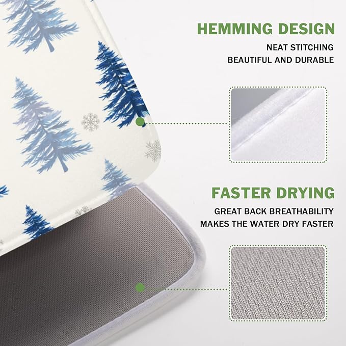 ABSOP Winter Dish Drying Mat 16 x 18 Inch Blue Tree Dish Drying Pad Absorbent Microfiber Mats for Snowflake Dish Rack Pad for Holiday Kitchen Counter Coffee Bar Decor