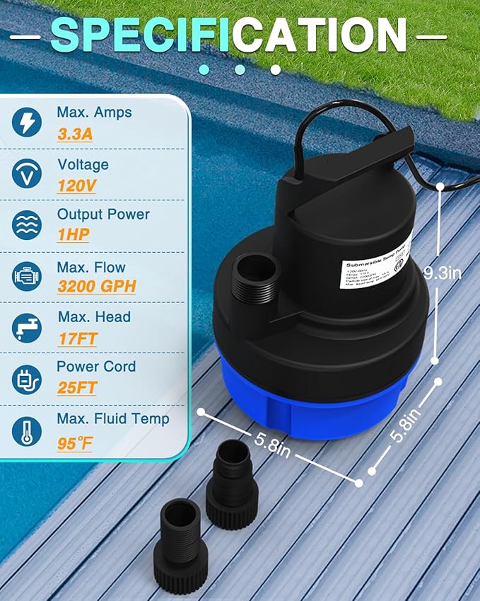 Submersible Sump Pump, 1HP 3200GPH Portable Water Pump Clean Dirty Water, Utility Pump with 25 FT Cord for Swimming Pool, Boats, Garden, Basement, Flood, Ponds