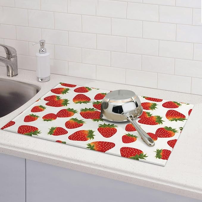 Cute Strawberry Dish Drying Mat For Kitchen Counter, Super Absorbent Microfiber Dish Drying Pad, Kitchen Gadgets For Easy Clean Multi-Use Large 18"x24"