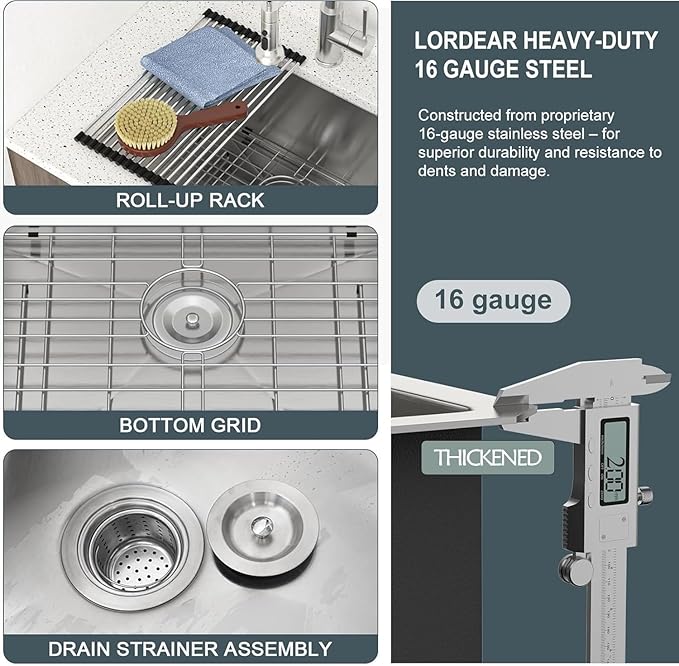 Lordear 23 Laundry Sink Stainless Steel 23" x 18" x 13" Undermount Sink Single Bowl 16 Gauge Stainless Steel Deep Laundry Room Utility Sinks Handmade Under Counter Basin