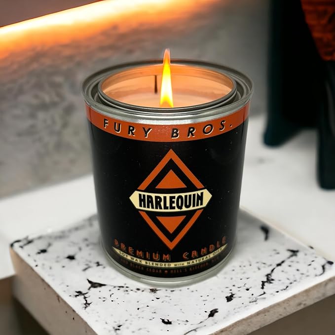 Fury Bros. Scented Candles for Men | Harlequin | Absinthe & Black Cedar | Natural Soy Wax | Hand-Poured in The USA | Long 70-80 Hour Burn (12.5 oz) | Vintage-Inspired Tin Design | Dad Home Gift