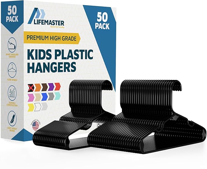 Lifemaster Plastic Kids Clothes Hanger – Children Clothes Hanger with Shoulder Notch, 11.6 Inch Space-Saving Closet Organizer for Baby, Toddler, and Kids Clothing, Hold Up to 5 lbs, Pack of 50, Black