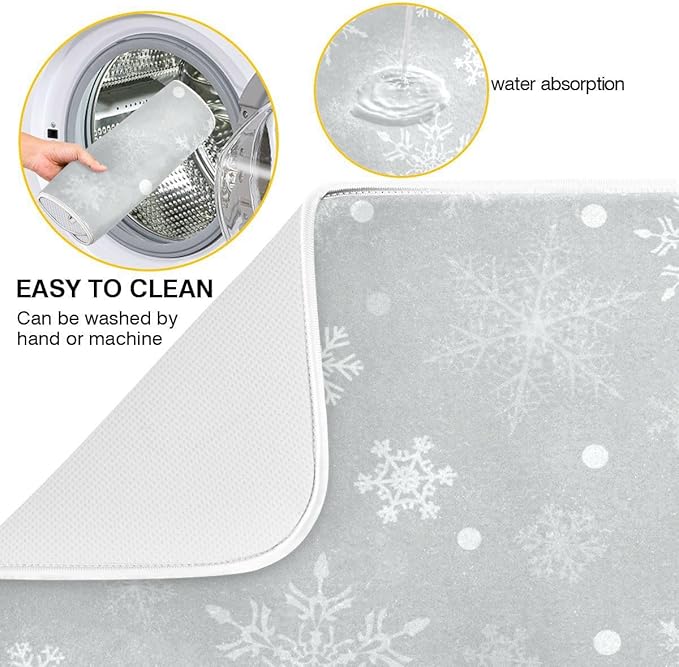 Christmas Gray Snowflake Dish Drying Mat for Kitchen Winter Snow Xmas Grey Microfiber Drying Mats Absorbent Reversible Dish Pad Large Dish Draining Mat 18x24 inch
