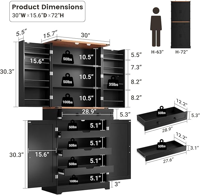 ELYKEN 72" Pantry Cabinet, Black Farmhouse Tall Kitchen Storage Cabinet with Drawer, Sliding Rack & Door Shelf for Spice Snacks Canned, Dining Room Kitchen