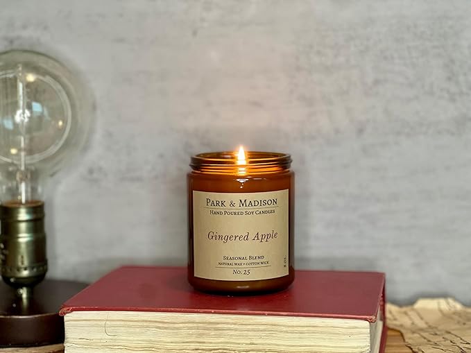 Park & Madison Gingered Apples Soy Candle - Apples Mimosa Scented Candle | Hand-Poured Amber Jar Candle with Black Lid | Fruit Scented Fall Candle | Eco-Friendly, Phthalate-Free, Non-Toxic (4 oz)
