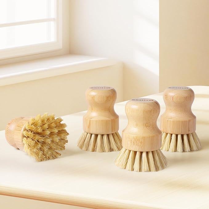 ÖkoStamm 4 Pack Bamboo Dish Brush, Natural Dish Scrubber with Sisal Bristle, Scrub Brush for Kitchen Cleaning Dishes, Pots, Pans, Bottles, Vegetables