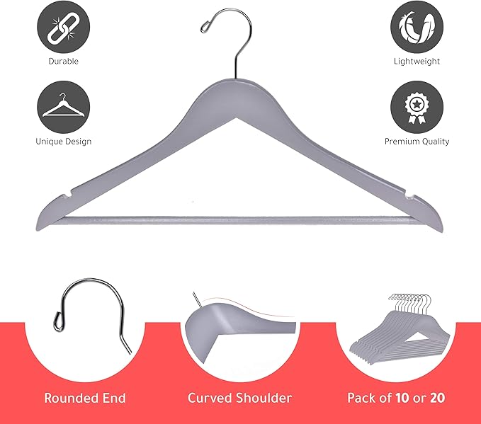 Quality Hangers - Wooden Coat Hangers - Slightly Curved Hanger Set of 20-Pack - Solid Wood with Stylish Chrome Hooks - Heavy-Duty Clothes, Jacket, Shirt, Pants, Suit Hangers (Gray, 20)
