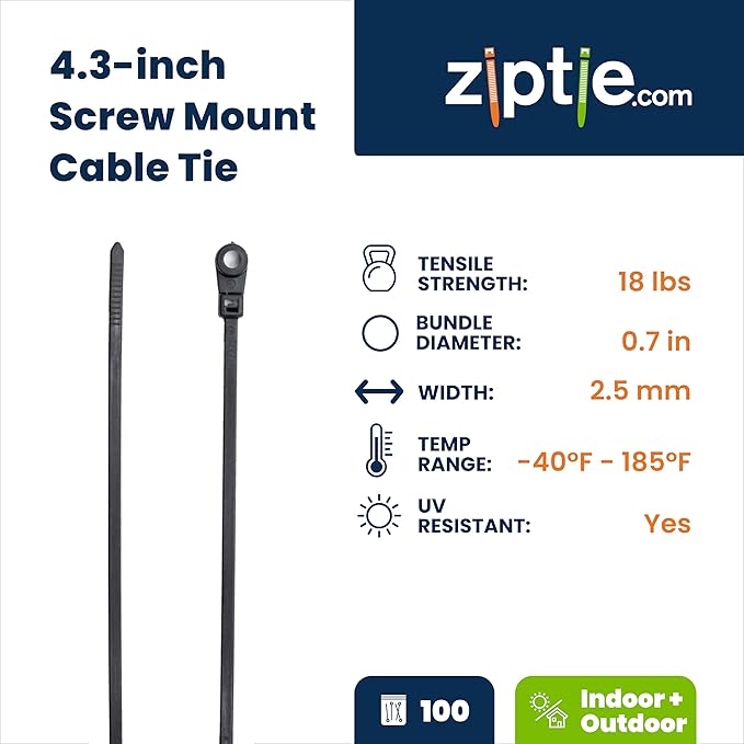 ZipTie.com 4.3-Inch Black Zip Ties With Screw Hole - 18-lb Tensile Strength Cord Management & Secure Mounting - Indoor & Outdoor Multi-Purpose Tie Wraps (100-Pack)