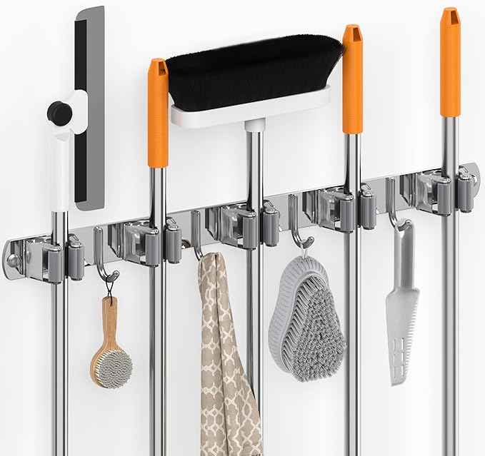 5 Grippers Broom Holder Wall Mount with 4 Hooks Stainless Steel Mop and Broom Organizer Self Adhesive or Screw Fixing for Garden Tool Rack Closet Laundry Room Kitchen Garage Storage Utility Hook