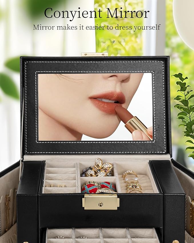 TORIBIO Jewelry Box for Women, Leather Jewelry Organizer with Mirror & Lock, 5-Tier Jewelry Storage Organizer with 4 Drawers for Girls/Women/Mothers, Necklace Earring Bracelets Holder Organizer