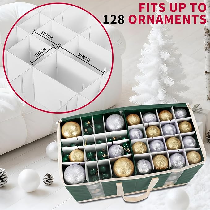 Large Christmas Ornament Storage Box With Adjustable Dividers,Ornament Storage Container with Two Handlesfor 128 Holiday Decorations,Green