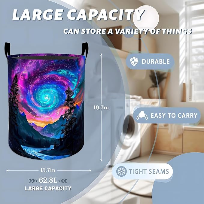 Vivid Galaxy Swirl over Mountains Laundry Basket with Handles, 19.7"x15.7" Clothes Foldable Laundry Hamper Organizer for Dorm Nursery Bedroom Bathroom Decor, Toy Storage Bin for Kids
