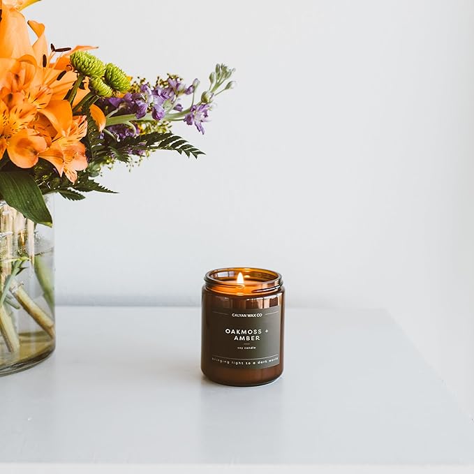 Calyan Wax Co. Vetiver & Tonka Scented Candle - 57 Hour Burn - Luxury Non Toxic Soy Wax Candles - Long Lasting Amber Glass Jar Candle for Home - 7.2oz