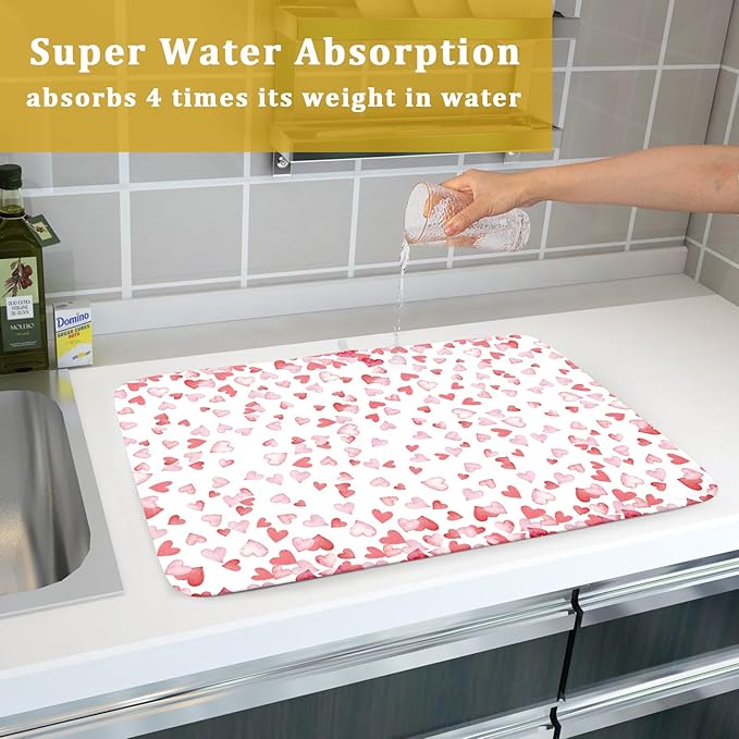Valentine’s Day Dish Drying Mat for Kitchen Counter 24x18 Inch Watercolor Love Drying Mat with Absorbent Reversible Microfiber Pink Dish Drainer Mats Rack Pad for Coffee Countertop Protector