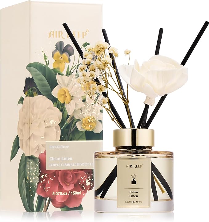 Airkeep Flower Reed Diffusers Set, 5.07 oz Clean Linen Scented Oil Diffuser with 8 Reed Sticks, Home Fragrance Diffuser Gift Set for Bathroom & Office Decor 150ml