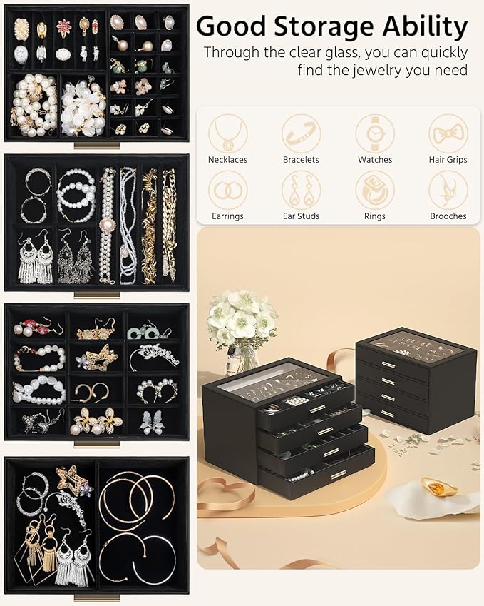 AKOZLIN Jewelry Box with Clear Lid Functional Leather Jewelry Storage Organizer Case 4 Drawers for Women Girls Necklace Ring Bracelet Earring
