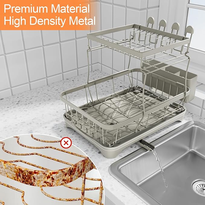 HOMEBOSILY Dish Drying Rack for Kitchen Counter,Two-Tier Dish Rack with Utensil Holder, Auto-Draining Dish Racks, Large Capacity Dish Drainer Organizer for Plates, Bowls, Cups with Drainboard Grey