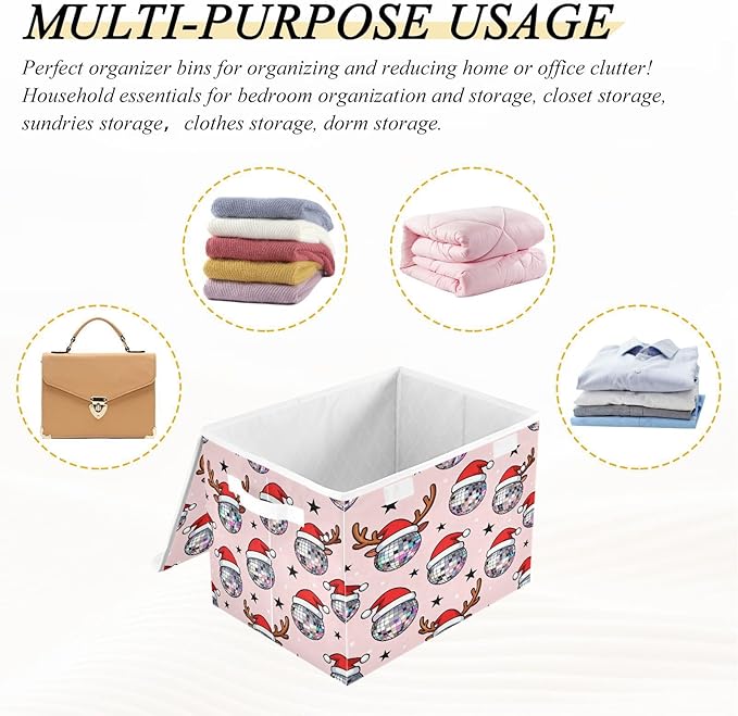 Christmas Disco Ball Santa Reindeer Storage Bins with Lids Foldable Storage Basket with Handles Collapsible Large Fabric Organizer Containers for Clothes Shelves Closet Office Home