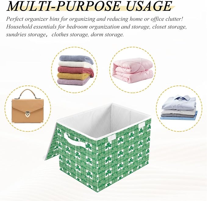 St. Patrick's Day Baskets Collapsible Storage Bins with Lids, St. Patrick's Day Green Shamrocks with Plaid Storage Boxes Clothes Baskets for Organizing