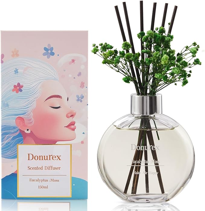 Flower Reed Diffuser Set 5.07oz Eucalyptus & Moss Scent Diffuser with Sticks Home Fragrance Reed Diffuser for Bathroom Shelf Decor