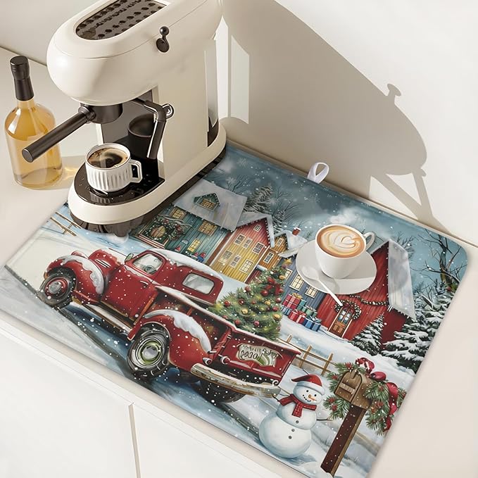 Christmas Dish Drying Mat for Kitchen Counter 24x18 Inch Xmas Red Truck Drying Mat with Absorbent Reversible Microfiber House Snowman Winter Dish Drainer Mats Rack Pad for Coffee Countertop Protector