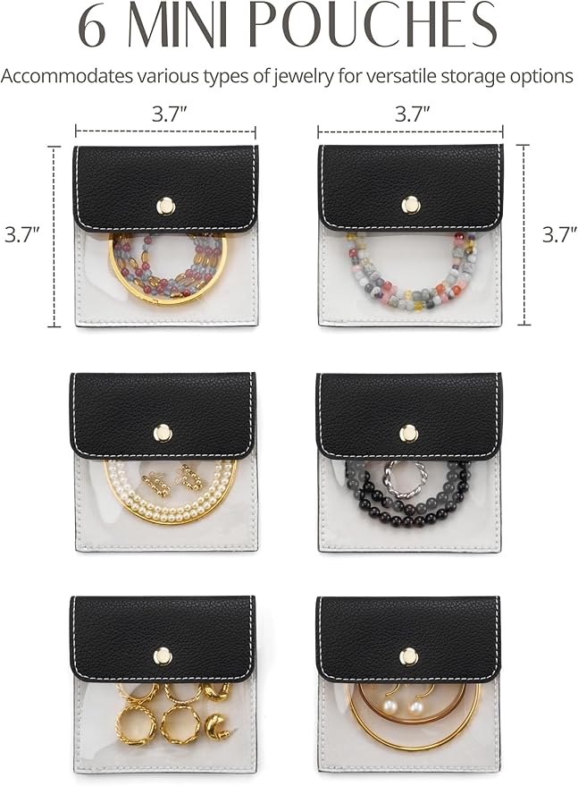 Popvibe 6 Pcs Jewelry Bags Clear Mini Pouch Small Jewelry Pouches for Traveling Leather Portable Travel Jewelry Organizer and Storage Bag for Earrings, Necklace, Black