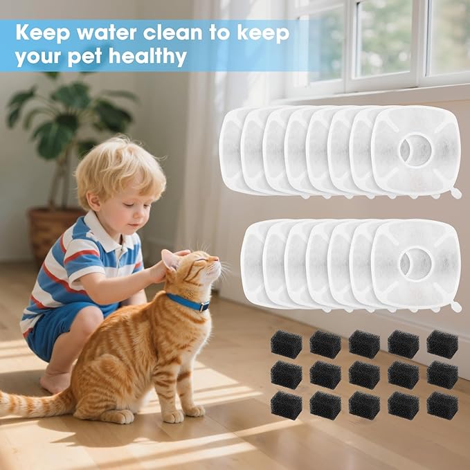 15+15 Pack Cat Water Fountain Filters, Replacement Pet Carbon Filtration with 15 Pre-Filter Sponges for Dog Stainless Steel Fountain, Fit for 67oz, 95oz, 108oz or 135oz Automatic Dog Water Dispenser