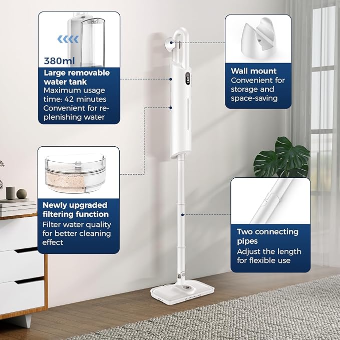 Steam Mop All-in-one for Floor Cleaning, MultiPurpose Steam Cleaner for Home with LED display screen, Detachable Handheld Floor Steamer with Scent Container and strap for Hardwood,Tiles,Carpet(White)